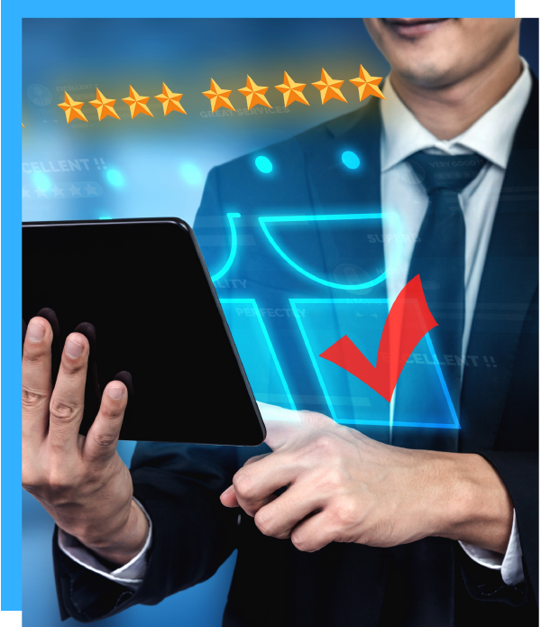 Man holding tablet with star rating